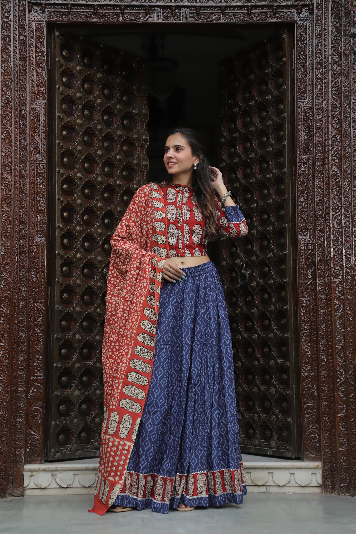 Indigo Blue and Red Hand Block Printed Cotton Lehenga Choli with Contrasting Paisley Motifs