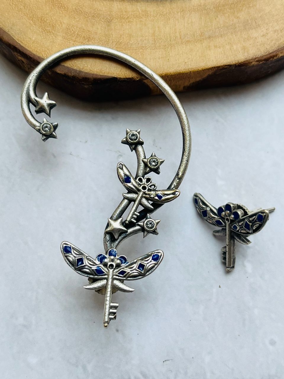 Antique Silver Dragonfly & Star Ear Cuff Set – No Piercing Required