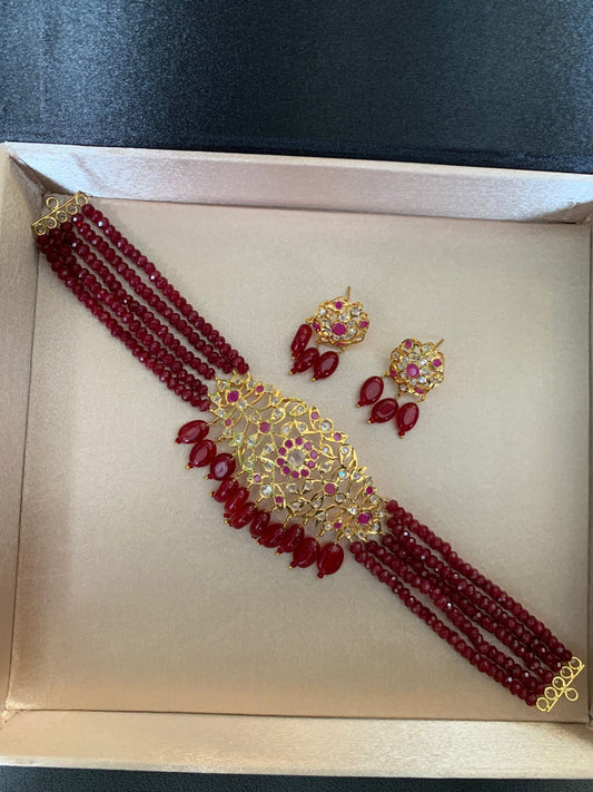 Maroon Beaded Bridal Choker Necklace Set with Kundan Detailing & Earrings