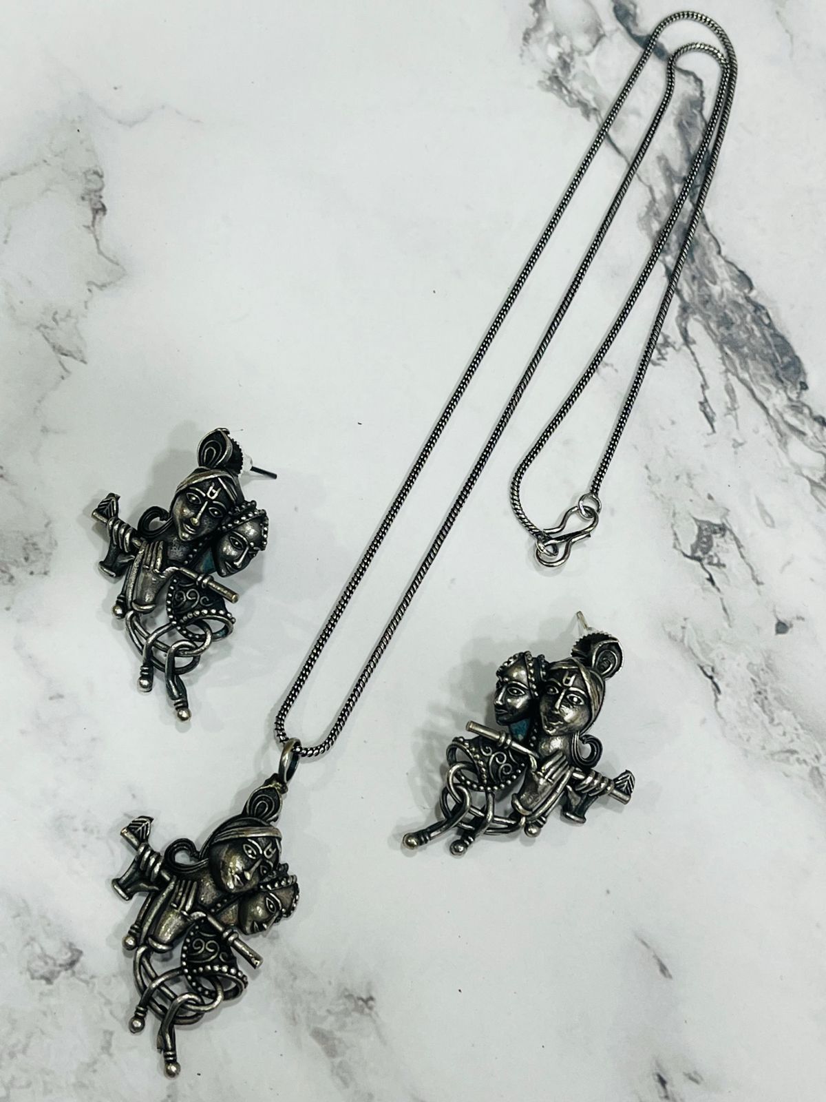 Antique Silver-Toned Radha Krishna Pendant Set with Earrings