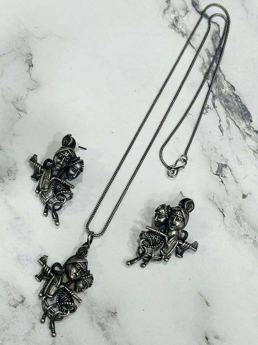 Antique Silver-Toned Radha Krishna Pendant Set with Earrings