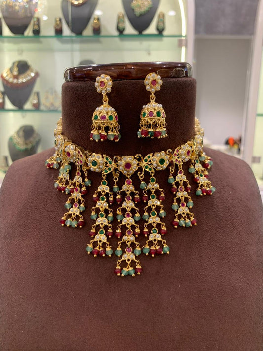 Traditional Kundan & Beaded Bridal Choker Necklace Set with Earrings