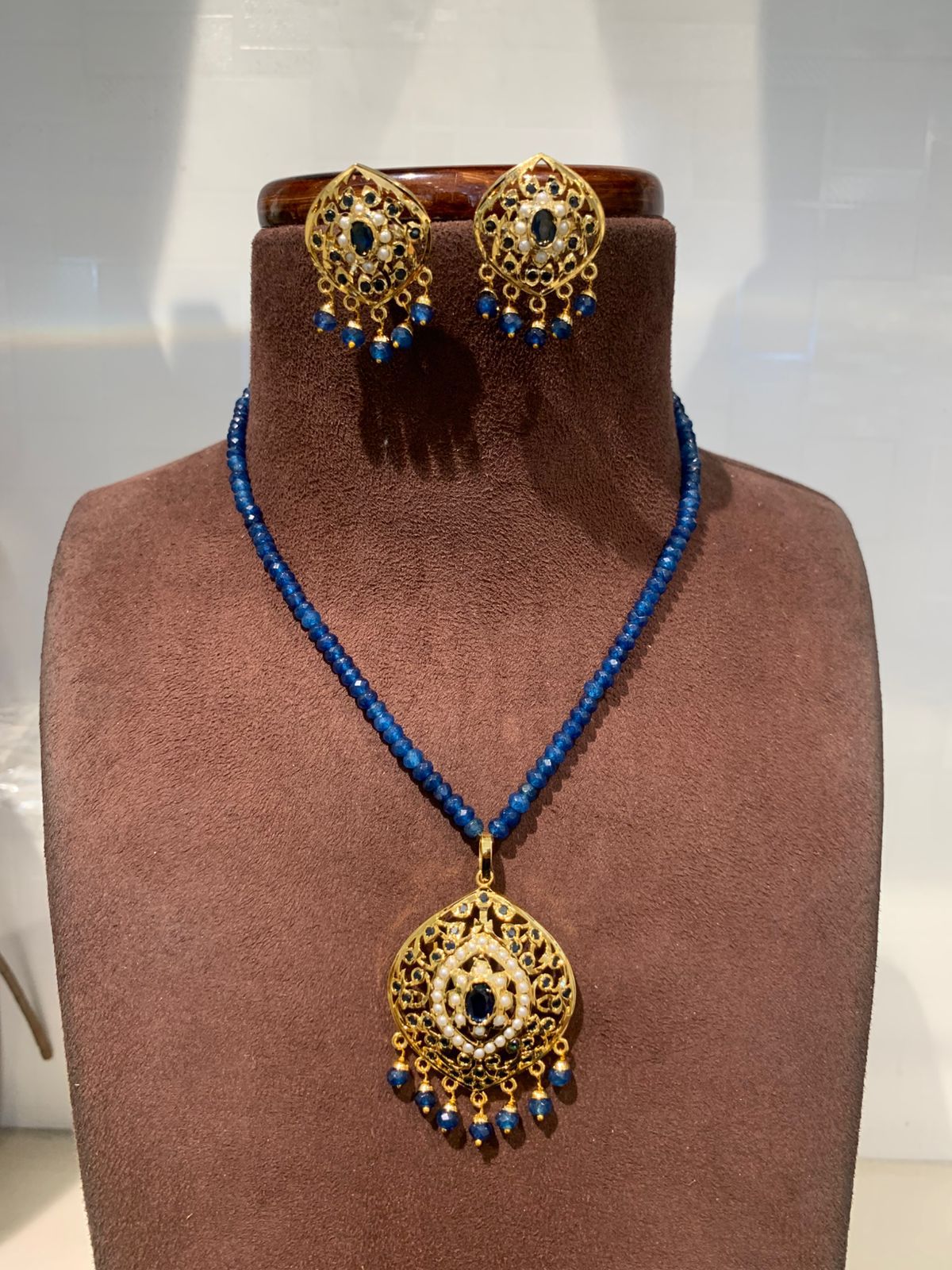 Royal Blue Beaded Necklace Set with Antique Gold Finish Pendant & Earrings