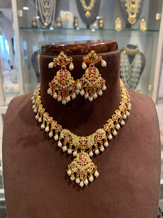 Exquisite Ruby & Pearl Gold Plated Traditional Choker Necklace Set with Matching Earrings
