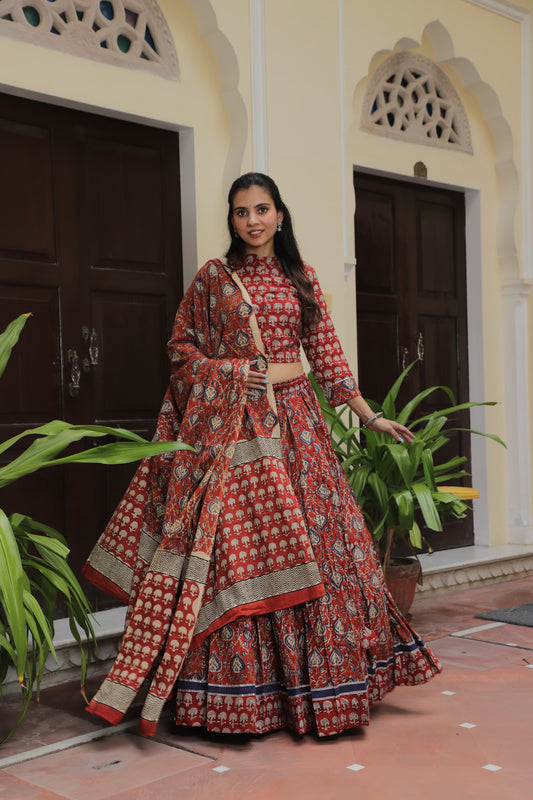 Red and Indigo Hand Block Printed Cotton Lehenga Set with Paisley and Tree Motifs