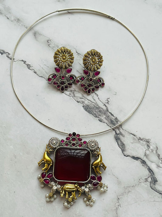 Antique Temple-Inspired Necklace Set with Red Stone Pendant & Matching Earrings