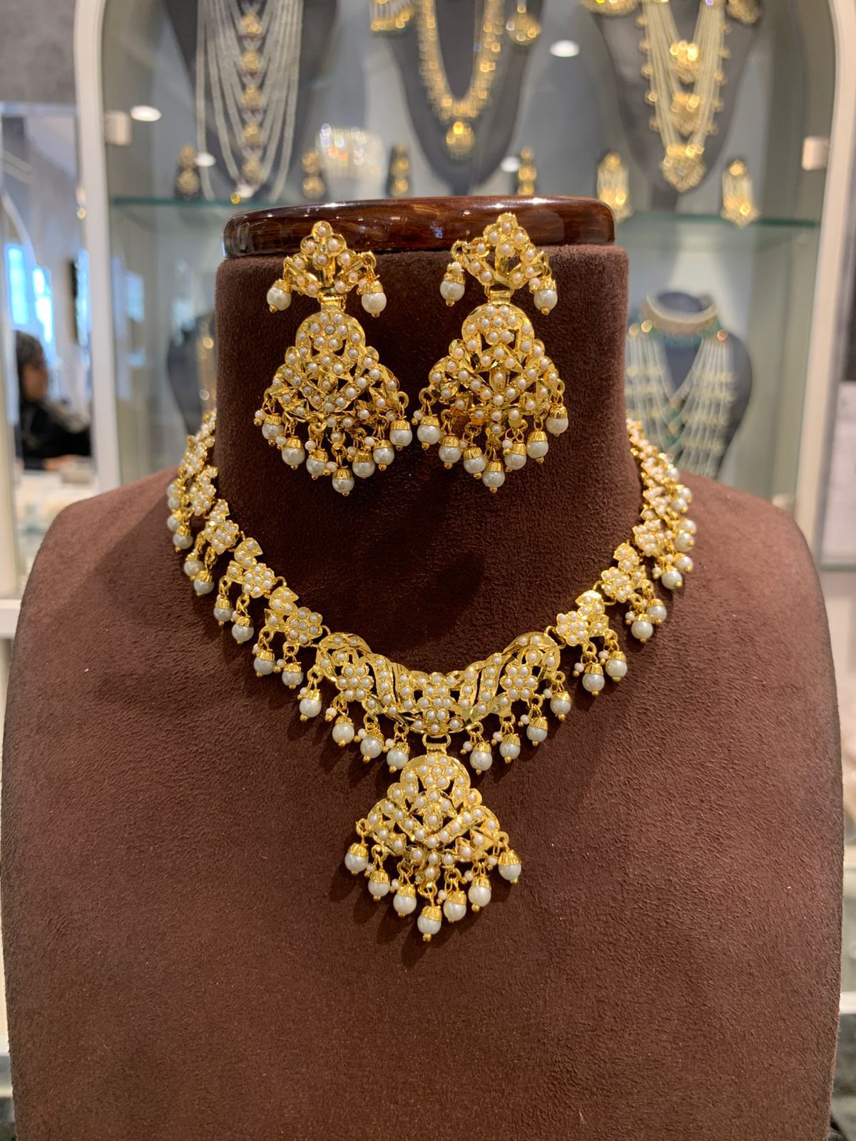 Elegant Gold Plated Pearl Droplet Choker Necklace Set with Matching Jhumka Earrings