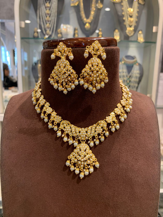 Elegant Gold Plated Pearl Droplet Choker Necklace Set with Matching Jhumka Earrings