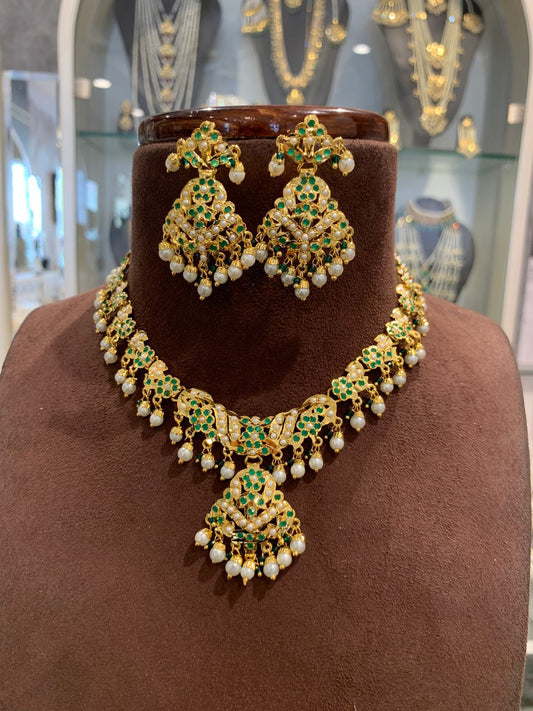 Royal Green Kundan & Pearl Gold Plated Choker Necklace Set with Matching Earrings
