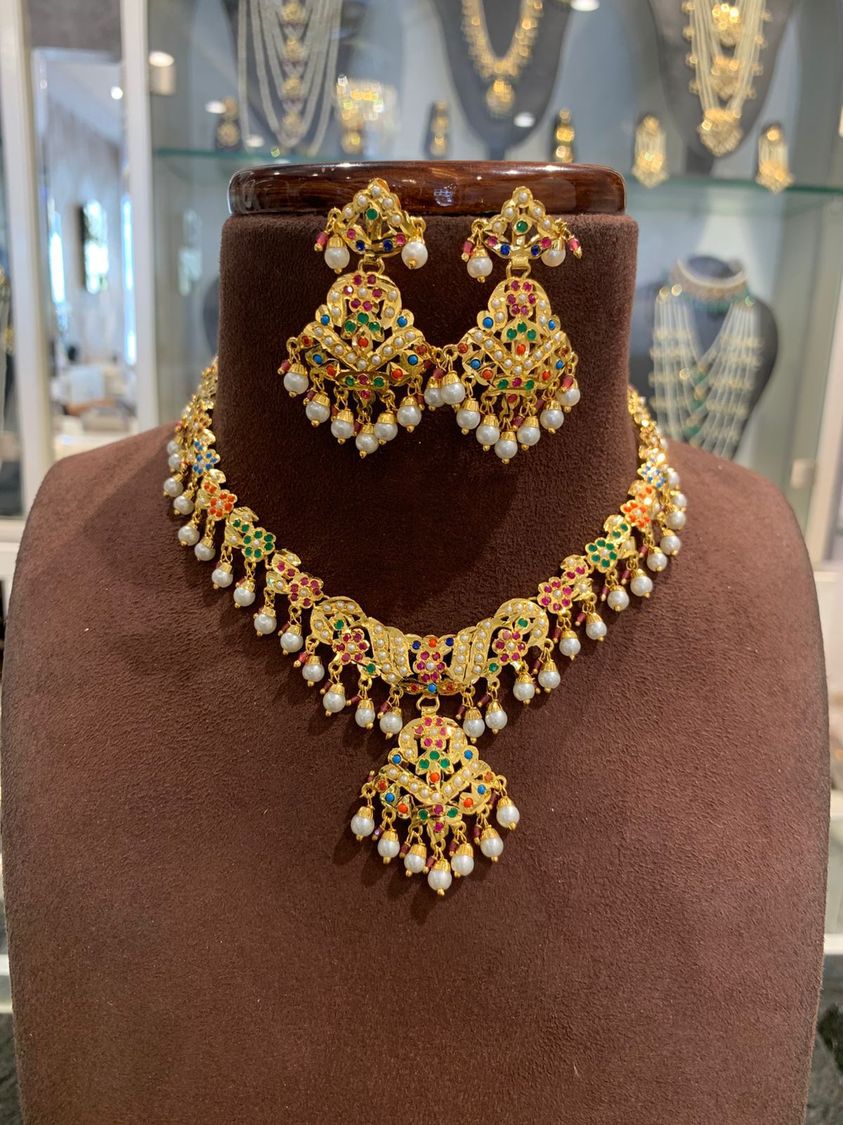 Vibrant Multi-Stone & Pearl Gold Plated Choker Necklace Set with Matching Earrings