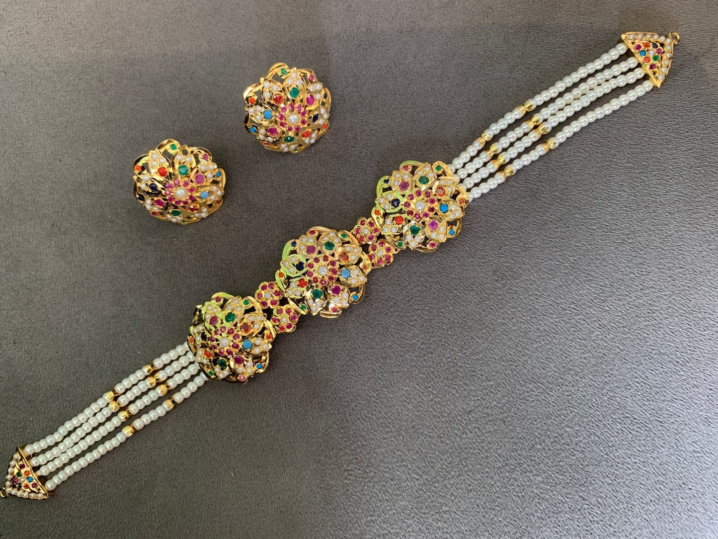 Elegant Multi-Color Stone & Pearl Bracelet with Matching Stud Earrings Set