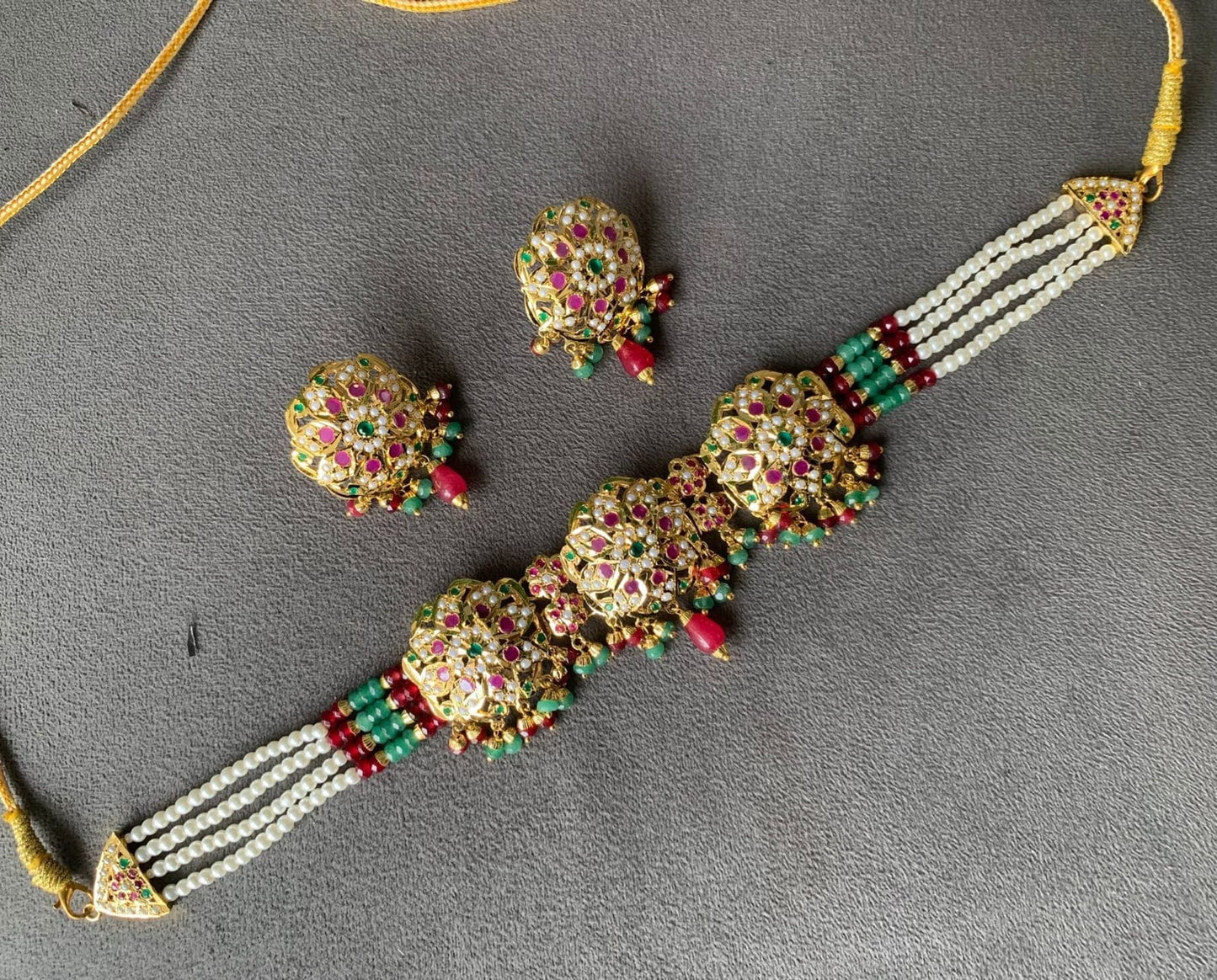 Regal Ruby, Emerald & Pearl Gold Plated Choker Necklace Set with Matching Stud Earrings