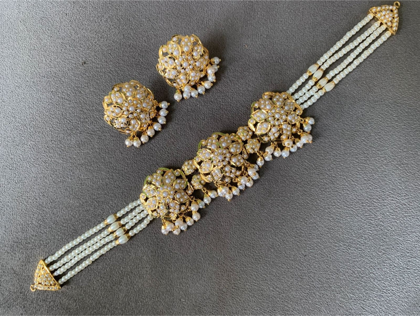 Classic Pearl & Kundan Gold Plated Bracelet with Matching Stud Earrings Set