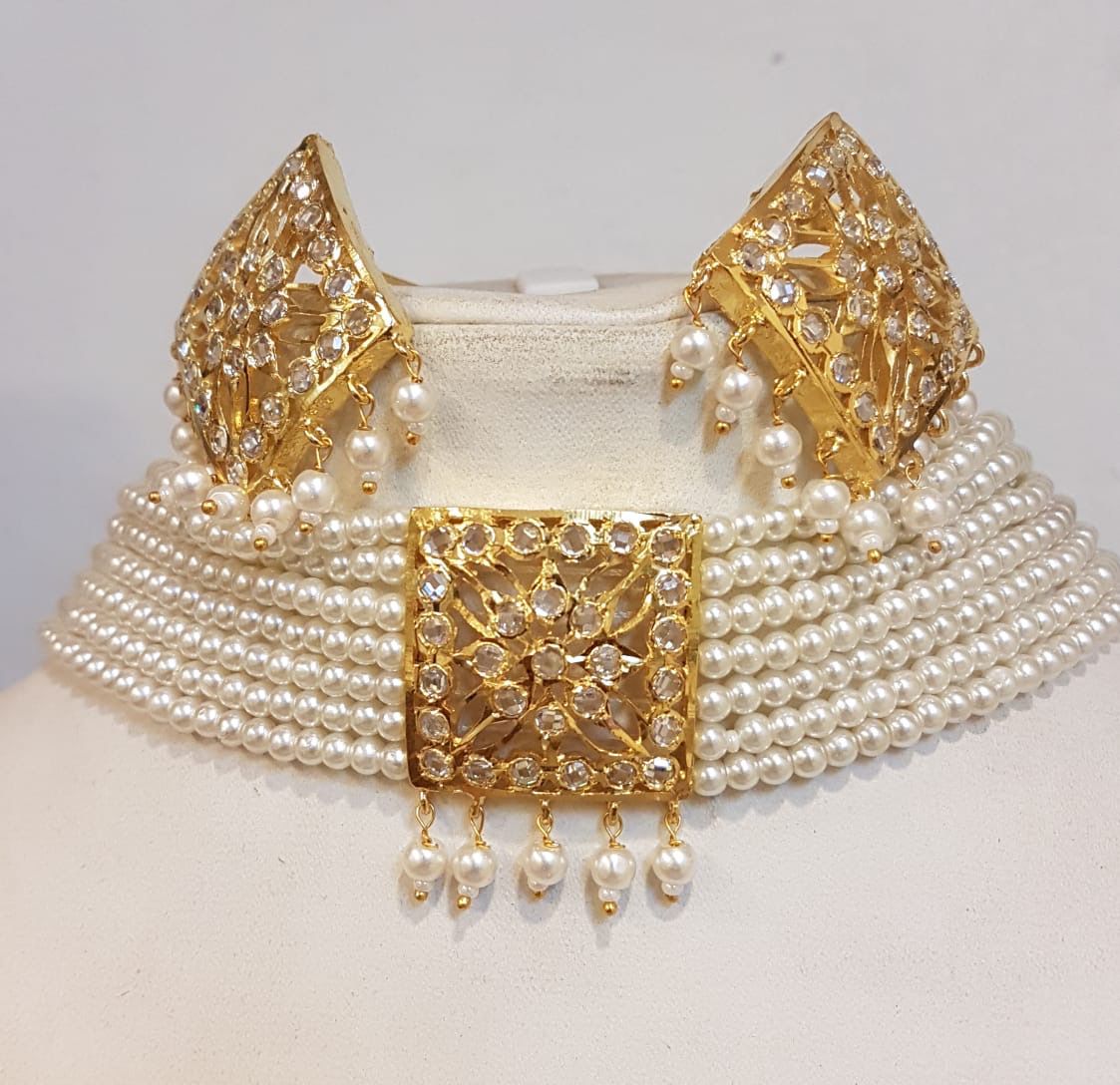 Elegant Multi-Layer Pearl Choker Necklace Set with Intricate Kundan/AD Stone Gold Plated Earrings