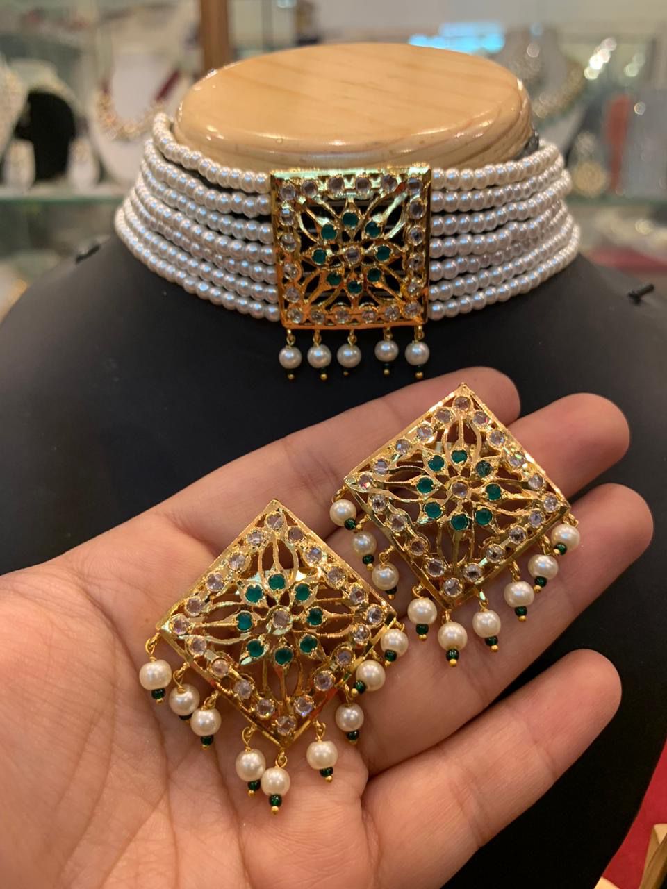 Royal Green & White Stone Multi-Layer Pearl Choker Necklace Set with Matching Jali Earrings