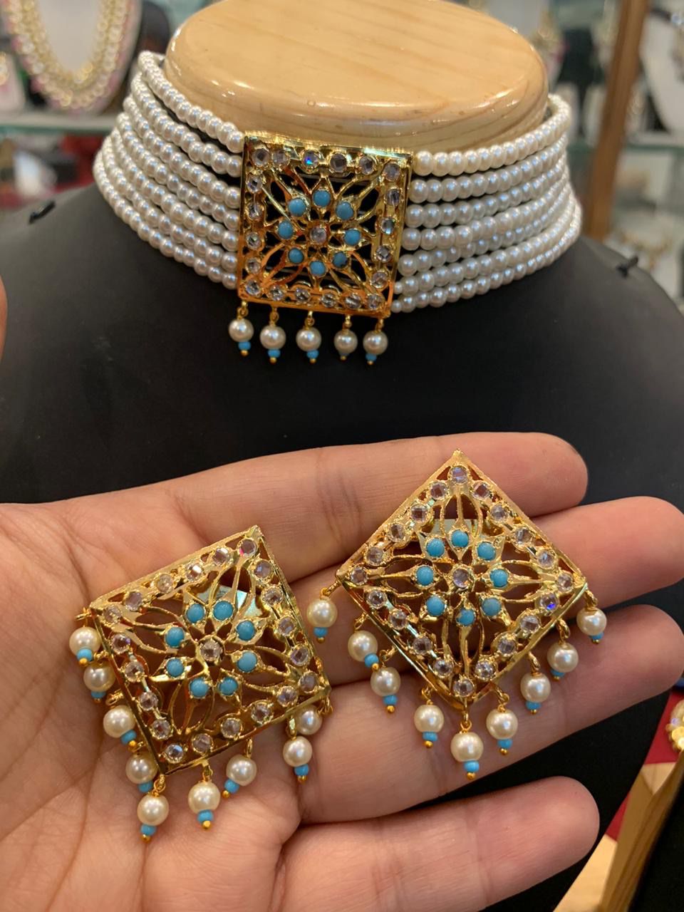 Exquisite Aqua & White Stone Multi-Layer Pearl Choker Set with Intricate Jali Earrings
