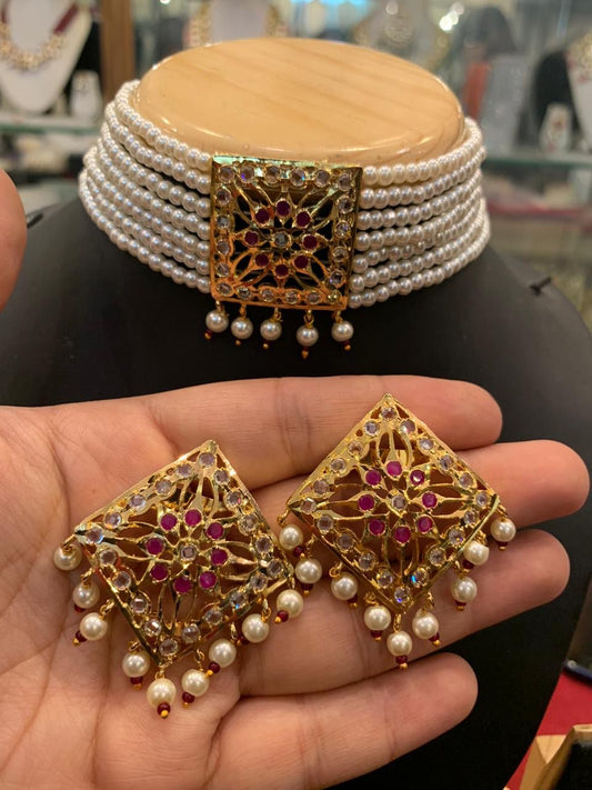 Royal Ruby & White Stone Multi-Layer Pearl Choker Set with Intricate Jali Earrings