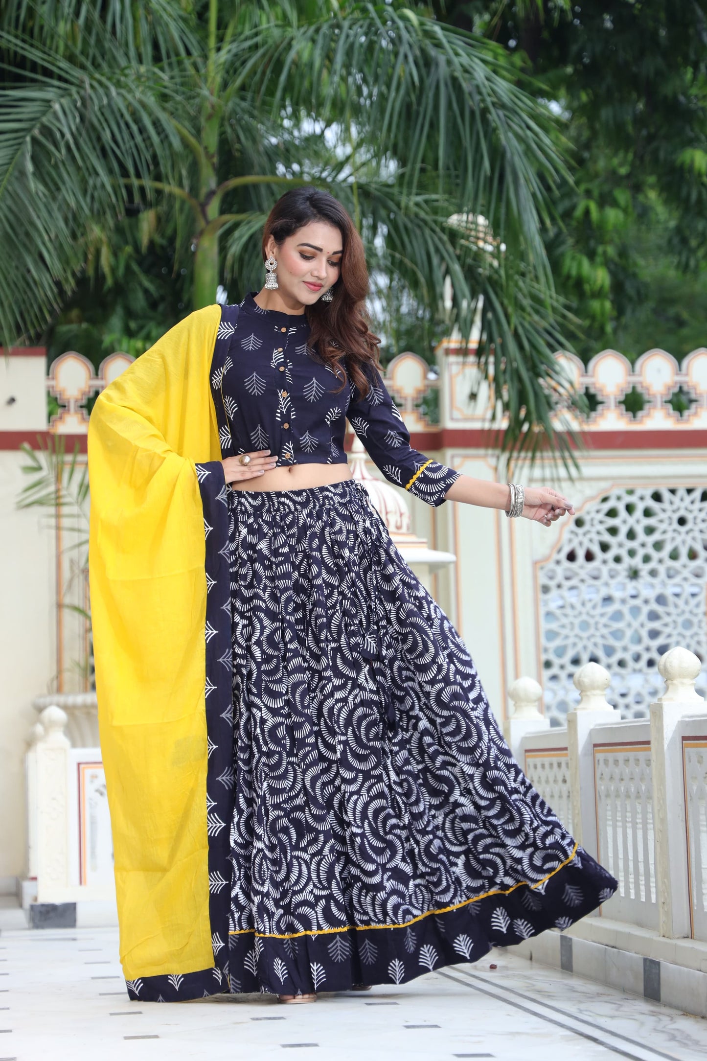 Navy Blue Hand Block Print Cotton Lehenga Choli with Contrasting Bright Yellow Dupatta
