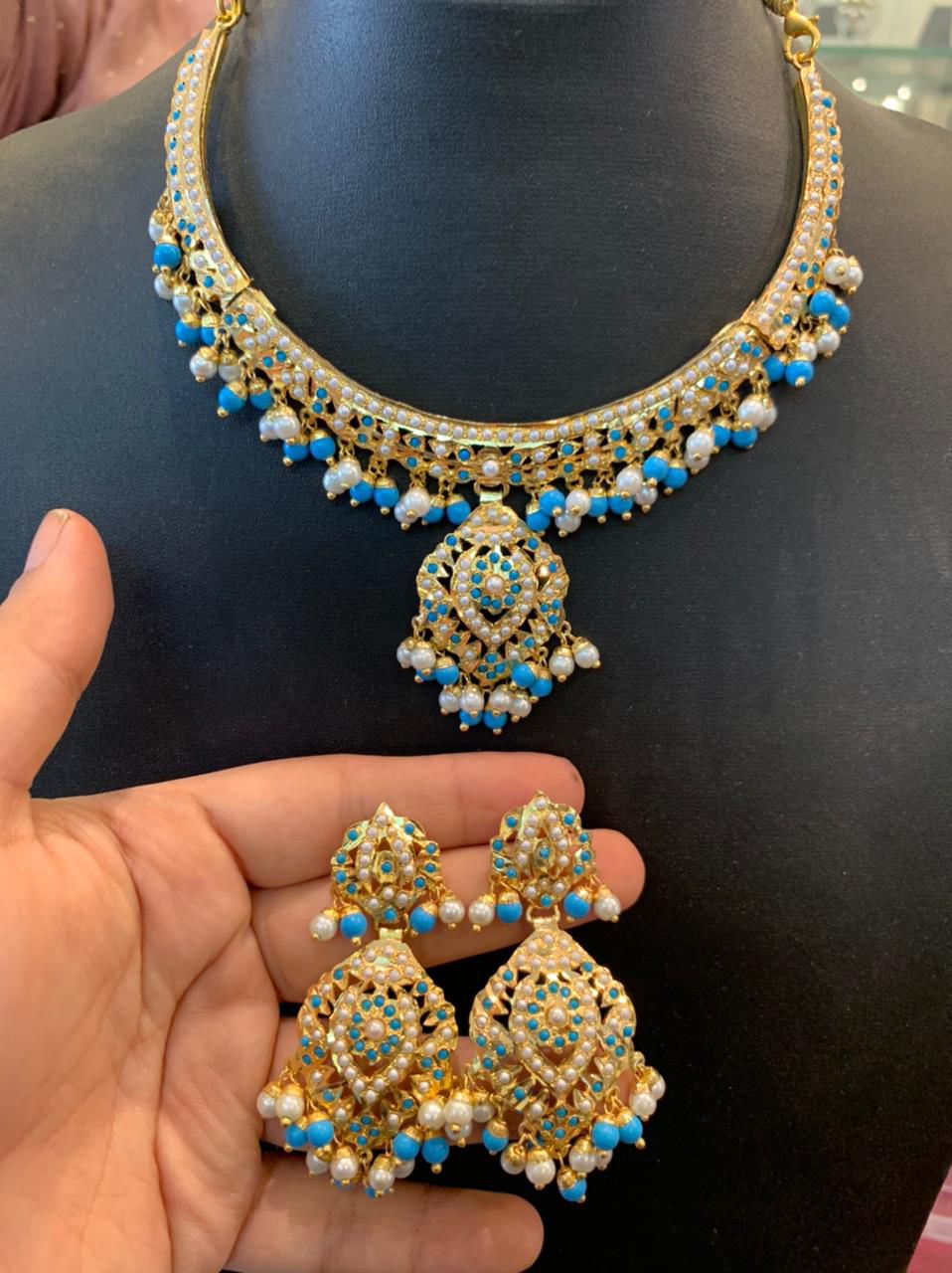 Exquisite Aqua Blue & Pearl Gold Plated Choker Necklace Set with Matching Jhumka Earrings