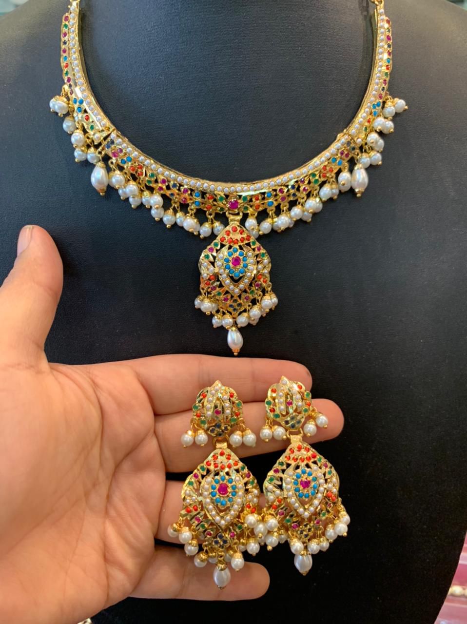 Royal Multi-Color Stone & Pearl Gold Plated Choker Necklace Set with Matching Jhumka Earrings