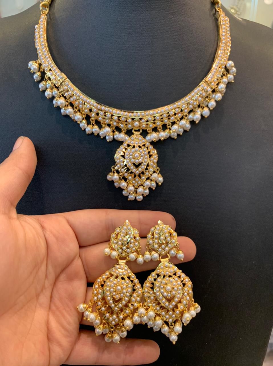 Timeless All-Pearl Gold Plated Choker Necklace Set with Matching Jhumka Earrings