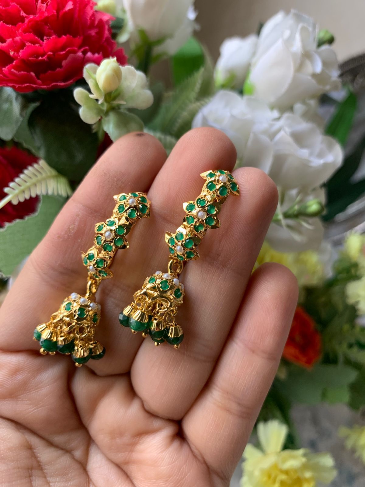 Dazzling Green Kundan & Pearl Jhumka Earrings