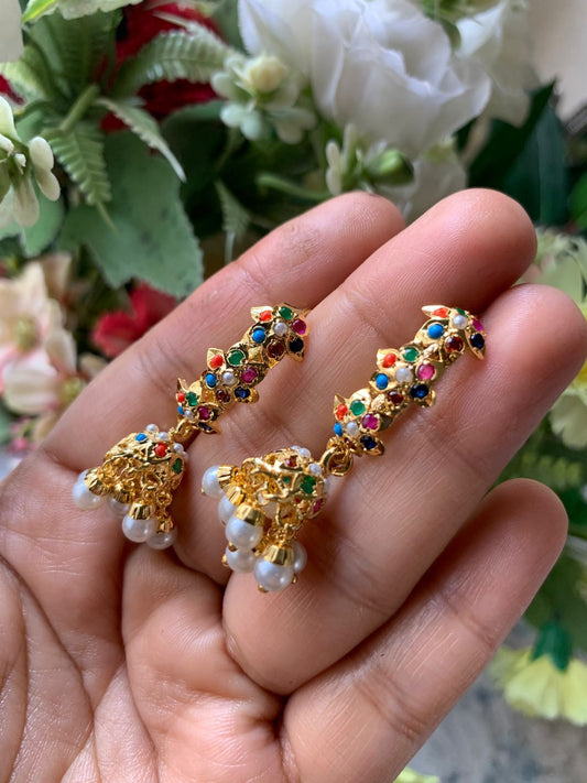 Dazzling Multi-Color Stone & Pearl Jhumka Earrings