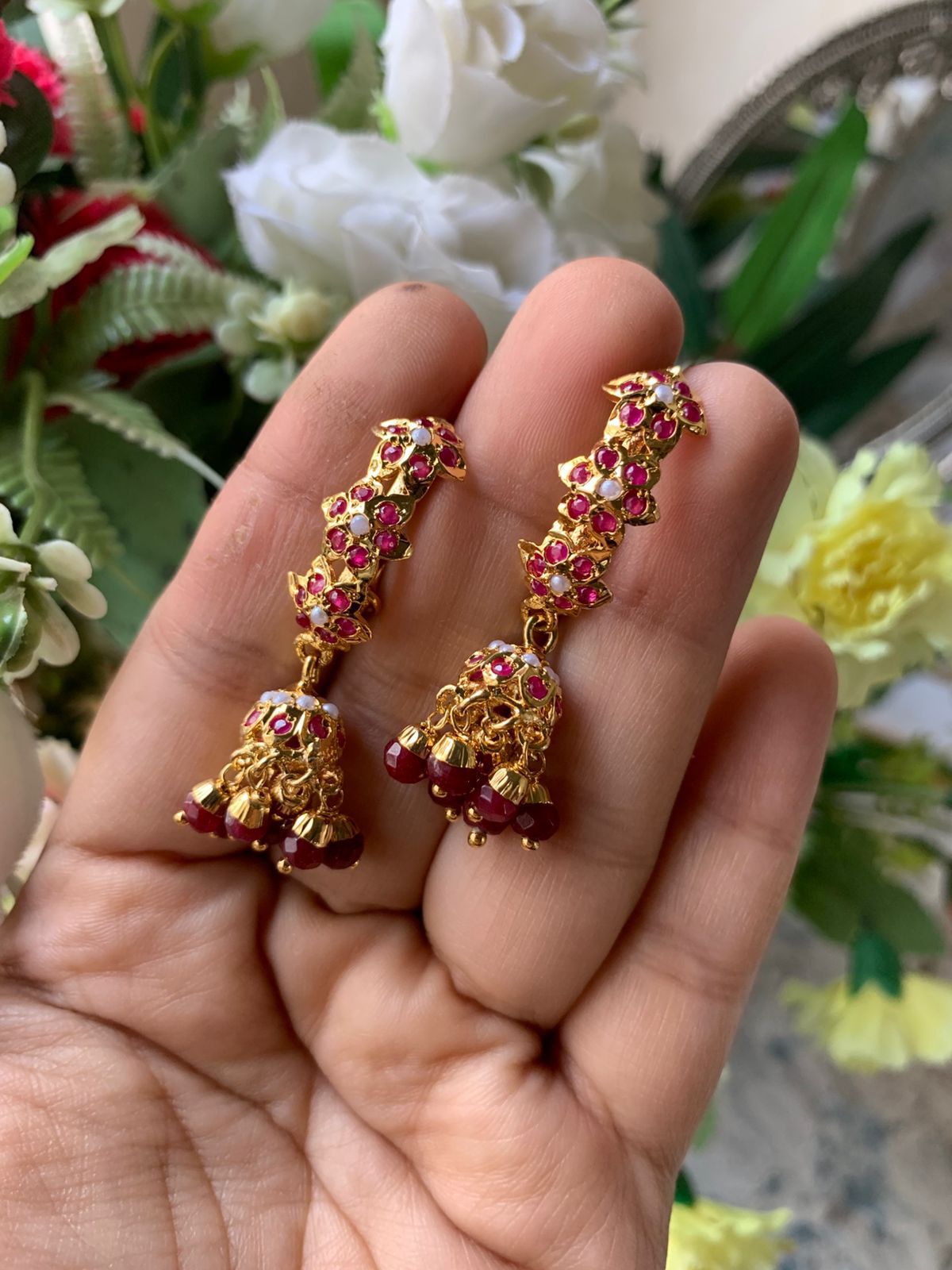 Dazzling Ruby & Pearl Jhumka Earrings