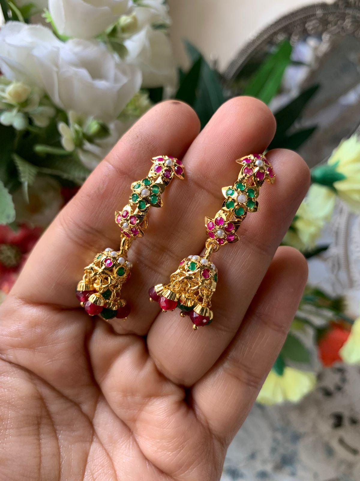 Royal Multi-Color Stone & Pearl Jhumka Earrings