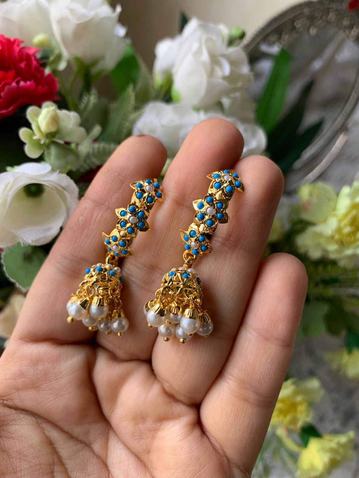 Dazzling Ruby &amp; Pearl Jhumka Earrings