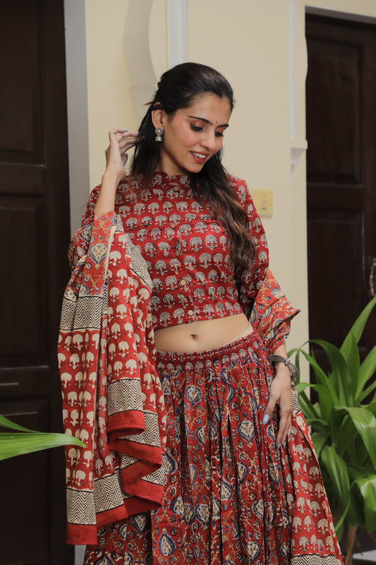 Red and Indigo Hand Block Printed Cotton Lehenga Set with Paisley and Tree Motifs
