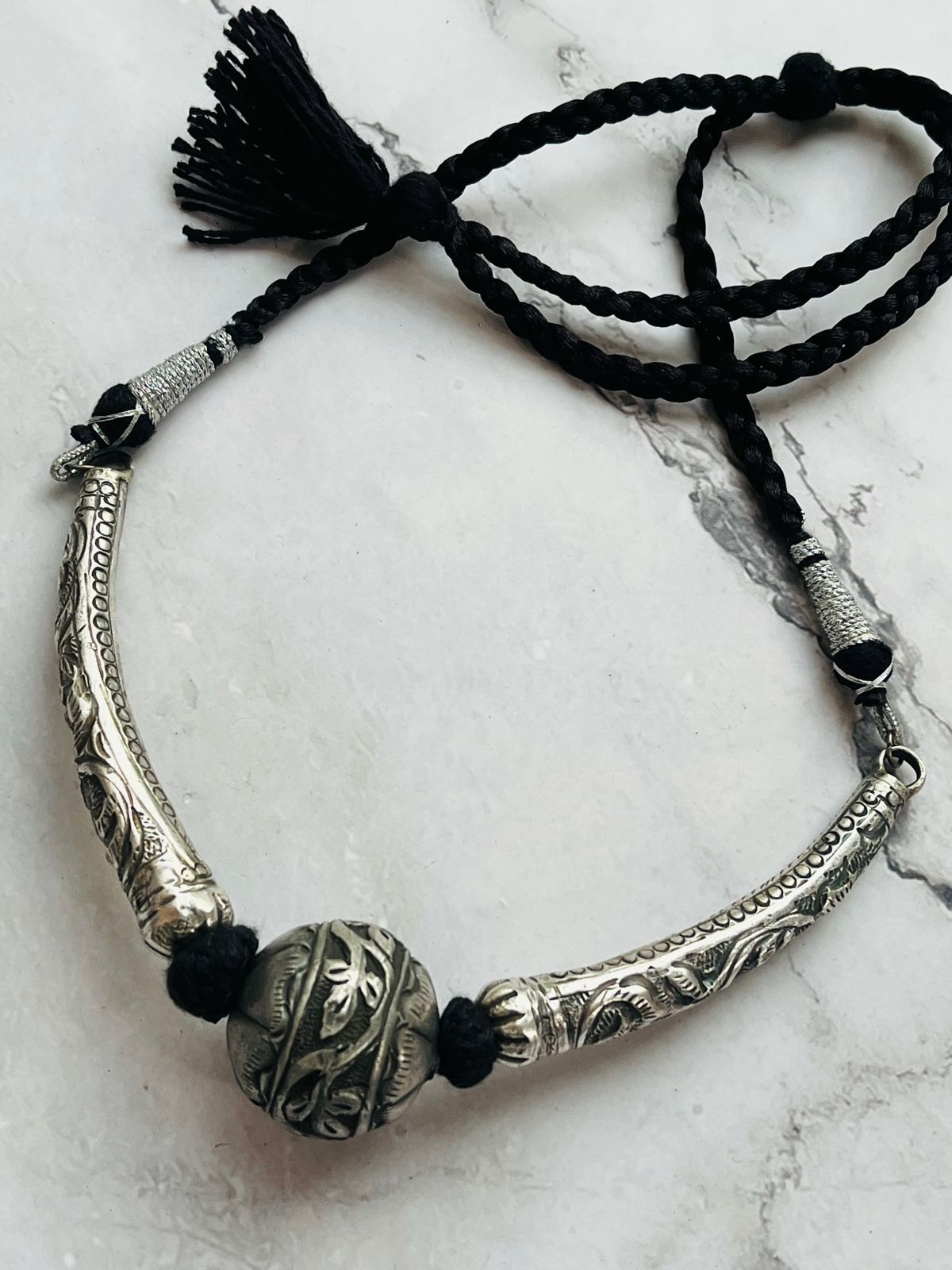 Oxidized Silver Tribal Statement Necklace with Carved Center Bead