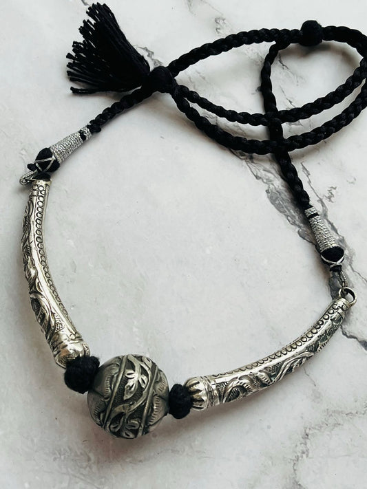 Oxidized Silver Tribal Statement Necklace with Carved Center Bead