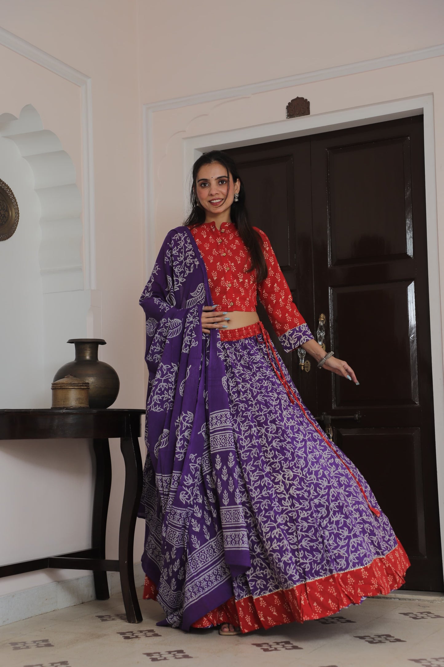 Red and Purple Contrasting Hand Block Print Cotton Lehenga Set
