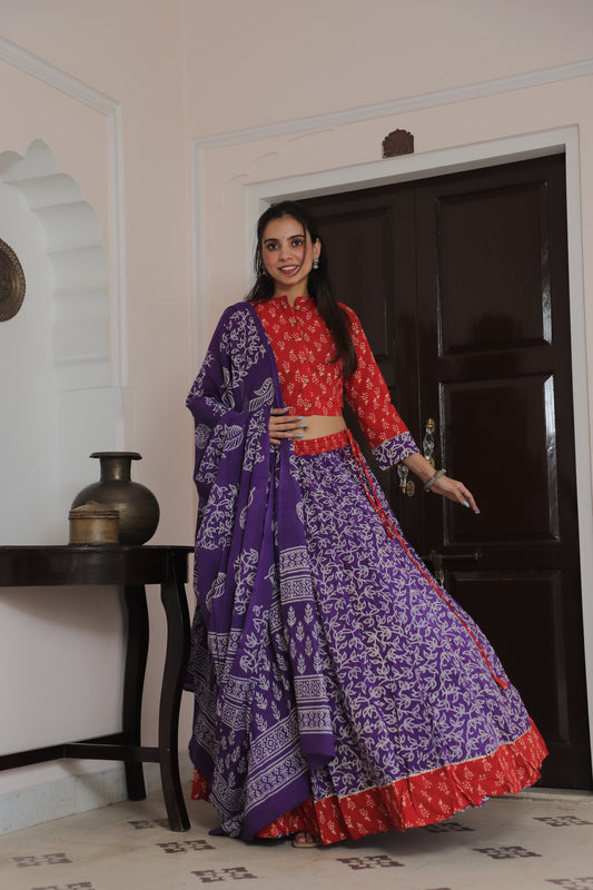 Red and Purple Contrasting Hand Block Print Cotton Lehenga Set
